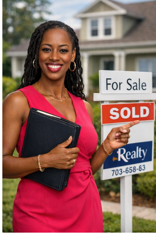 Keneshia Haye holding a sold sign after closing a home sale in Jacksonville, FL