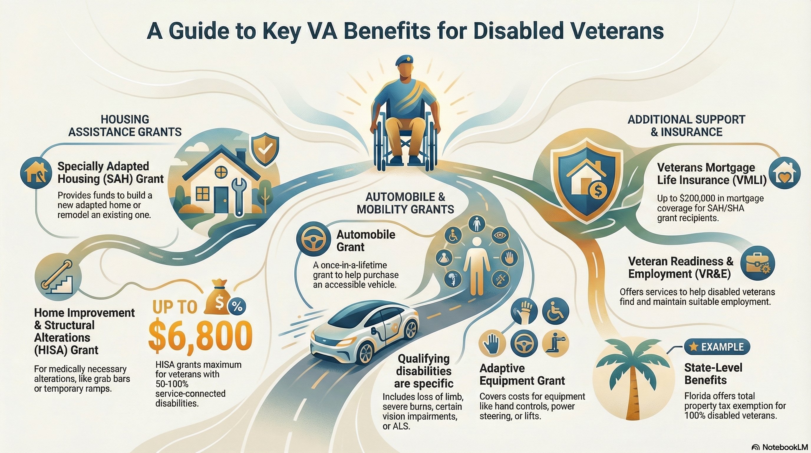 Infographic showing key VA benefits for disabled veterans including SAH grants up to $109,986, VMLI mortgage protection up to $200,000, auto grants up to $20,114, and additional housing adaptation programs